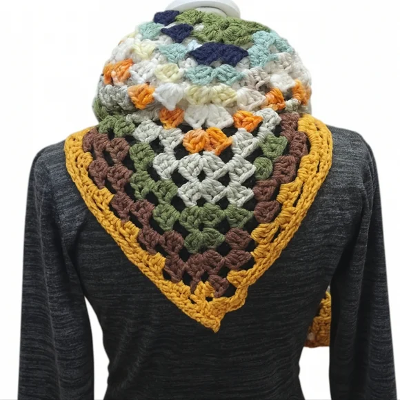 12-in-1 Granny Square Unique Shawl Cape Multicolor Crochet Wrap Fall Layering - Picture 13 of 17